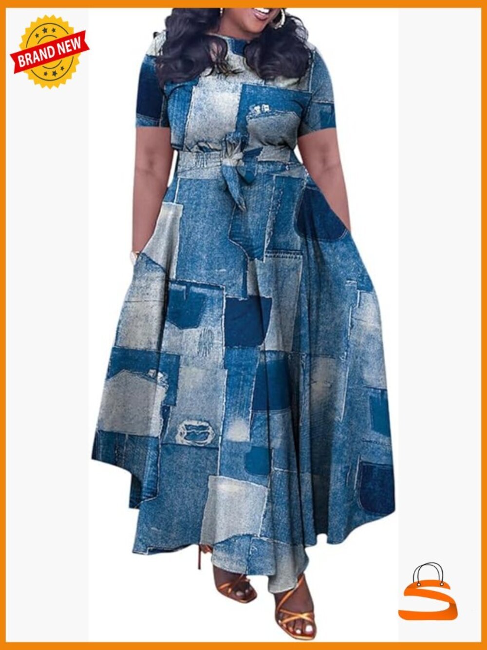 Plus Size A Line Maxi Dress with Belt 3/4 Sleeve
